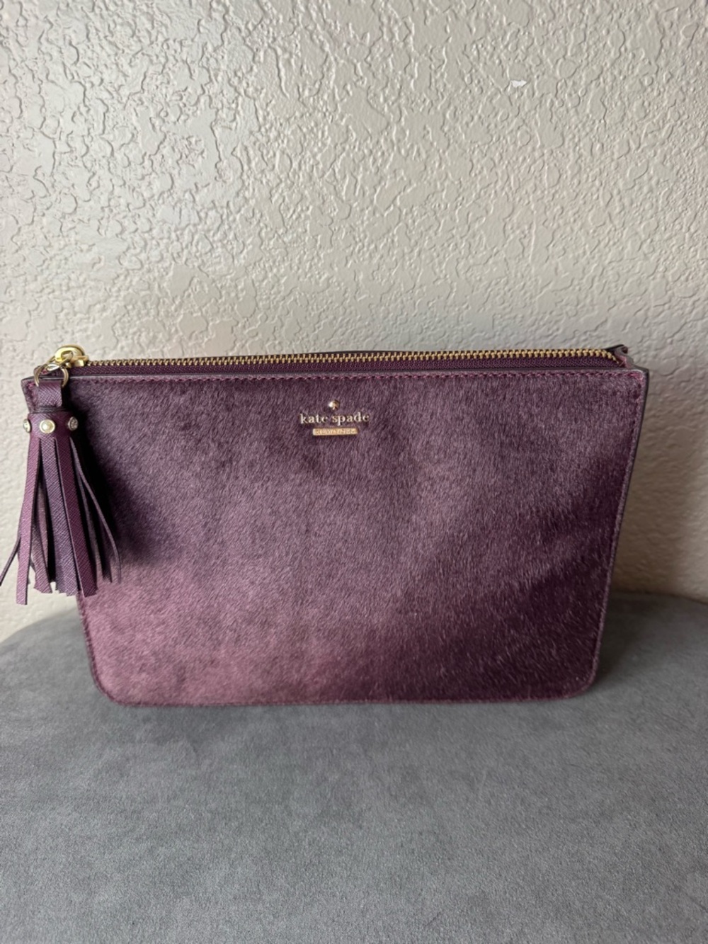 Kate Spade Plum Calf Hair Leather Clutch Pouch Tassel Zip Saffiano Bottom